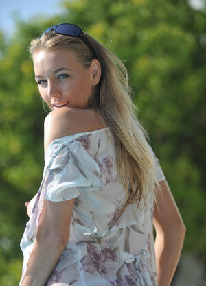 Colleen flashes panties before taking off clothes and furthermore posing nude by the pool