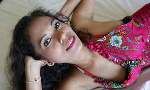 Brunette with curly hair wants her clean-shaven Thati hole blasted