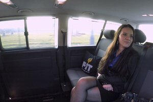 Guy jackhammering a tight brunette in the backseat