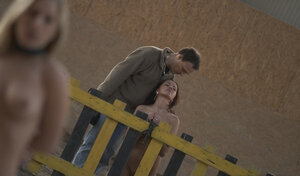 Lucky groom impales pretty faces of trustful nude hoes crying in the stable