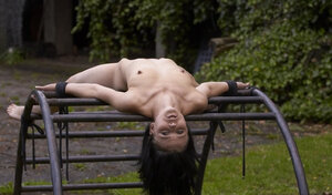 Creepy dude dominates over submissive brunette outdoors in various ways