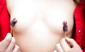 Minx in red jacket comes to a deserted pond for having fun with unshaved love hole