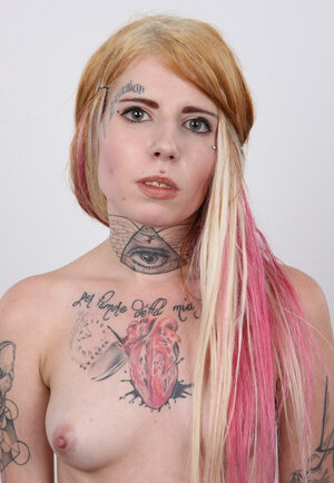 Aroused tattooed Czech 18-19 year old Jirina with no jugs needs attention and strips
