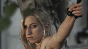 Poor blonde punished in backyard by lad who loves to use whip and wax