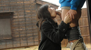 Japanese lady takes shy young man behind the bar to satisfy him orally