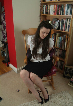 Innocent librarian with plumpish body gets tied up to chair by mysterious guy